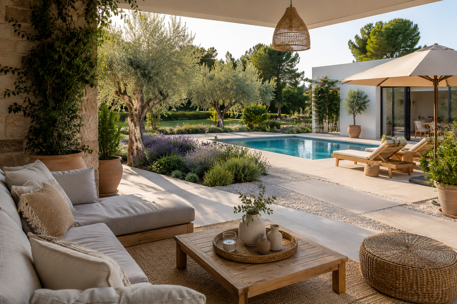 Solárium de piscina con jardín mediterráneo y zona de descanso