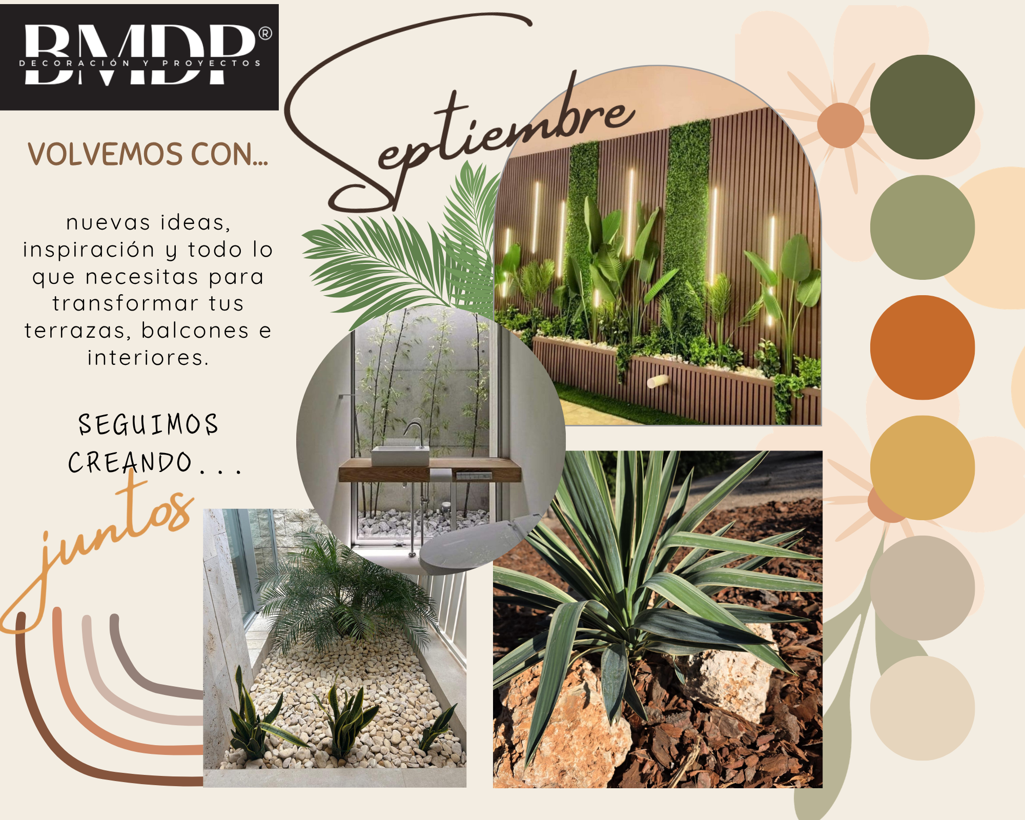 Ideas e inspiración para transformar terrazas, balcones e interiores este septiembre con piedra decorativa, corteza de pino, plantas y materiales naturales BMDP.