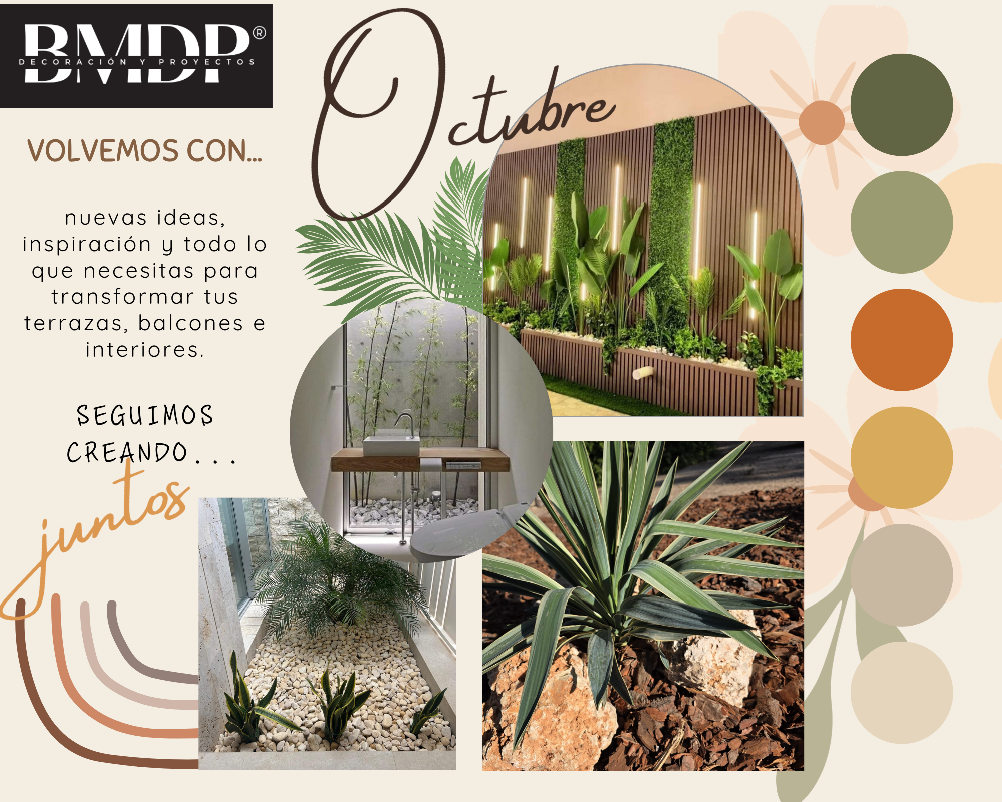 Ideas e inspiración para transformar terrazas, balcones e interiores este septiembre con piedra decorativa, corteza de pino, plantas y materiales naturales BMDP.