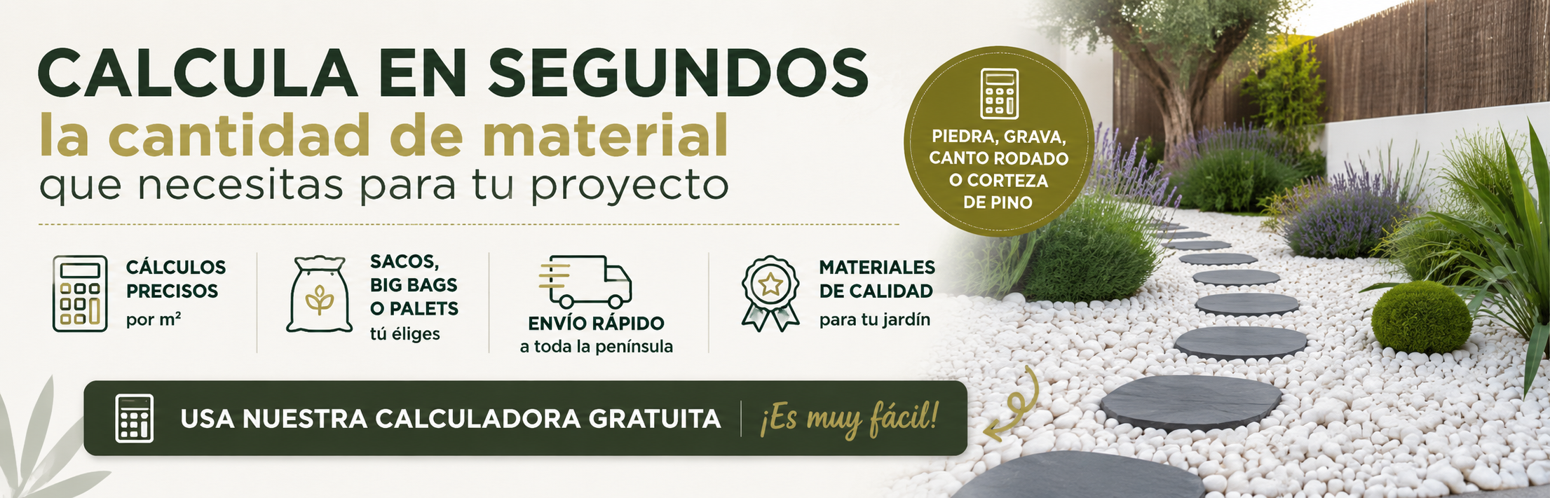 Calcula cuánta grava, piedra volcánica, canto rodado o corteza de pino necesitas para tu proyecto.